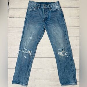 Levi’s 501 Blue Jeans Premium Denim Distressed Selvedge Size 27x26 Button Fly